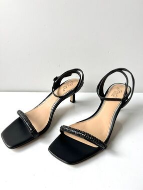 Jewel Badgley Mischka Charisma Black Crystal Kitten Heel Ankle Strap Sandals
